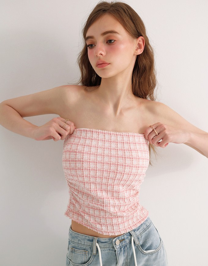 Elegant Tweed Check Textured Strapless Padded Cropped Tube Top