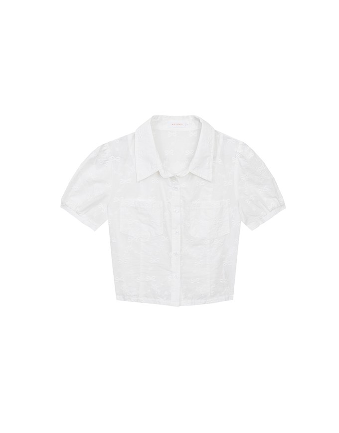Embroidered Bow Lace Puff Sleeve Semi Sheer Blouse Top