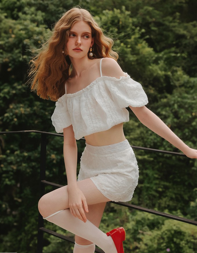 Crinkled Texture Off Shoulder Puff Sleeve Top with Back Ribbon Detail