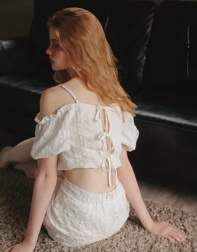 Crinkled Texture Off Shoulder Puff Sleeve Top with Back Ribbon Detail