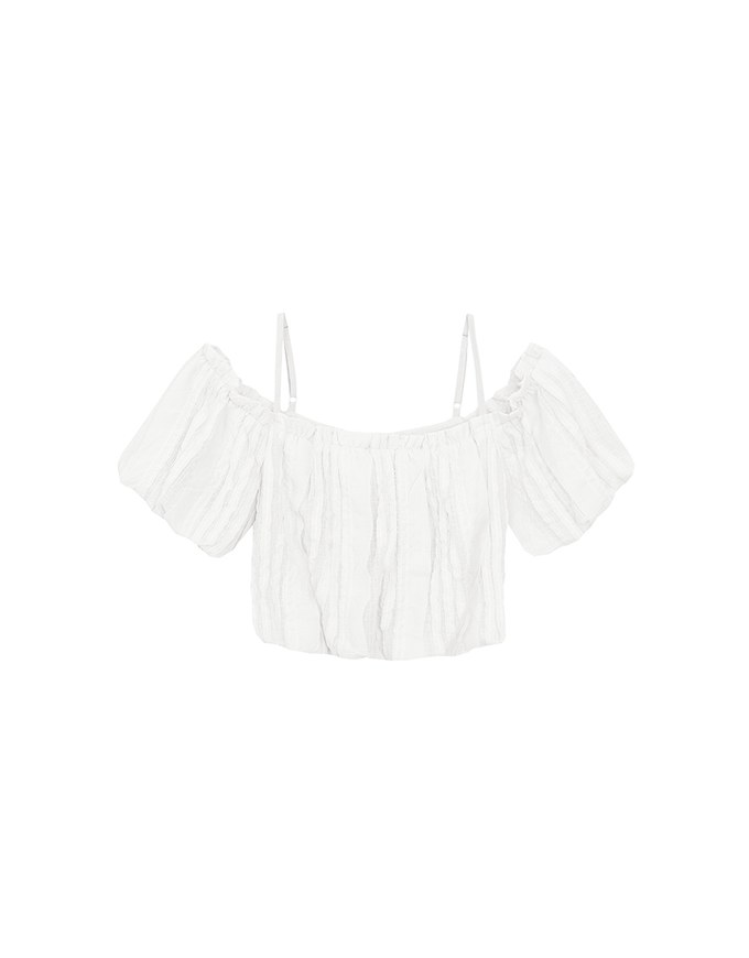 Crinkled Texture Off Shoulder Puff Sleeve Top with Back Ribbon Detail