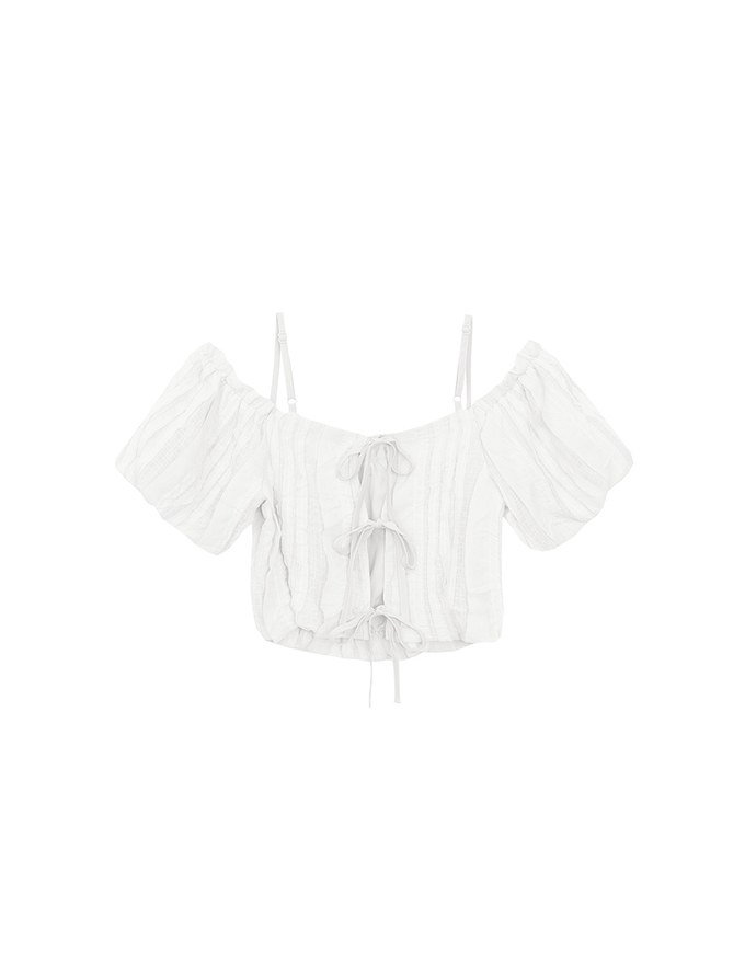 Crinkled Texture Off Shoulder Puff Sleeve Top with Back Ribbon Detail