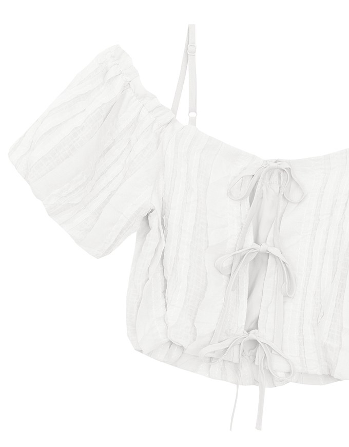 Crinkled Texture Off Shoulder Puff Sleeve Top with Back Ribbon Detail