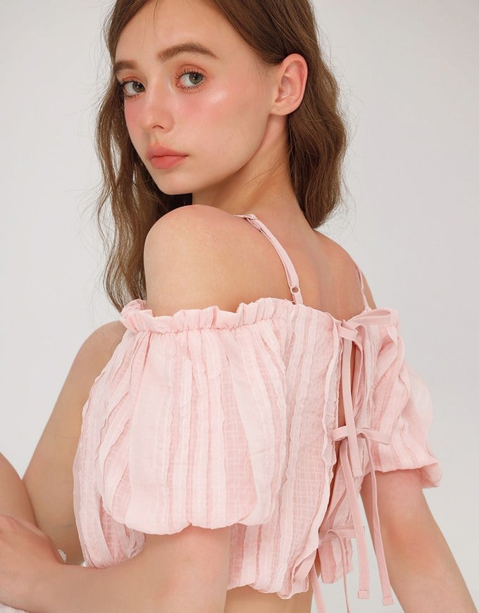 Crinkled Texture Off Shoulder Puff Sleeve Top with Back Ribbon Detail