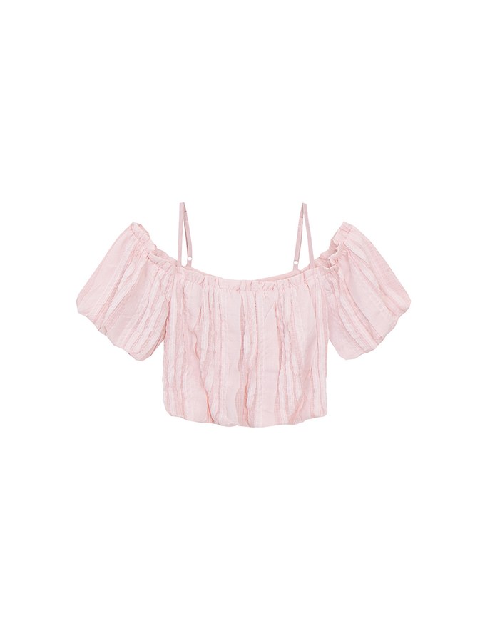 Crinkled Texture Off Shoulder Puff Sleeve Top with Back Ribbon Detail