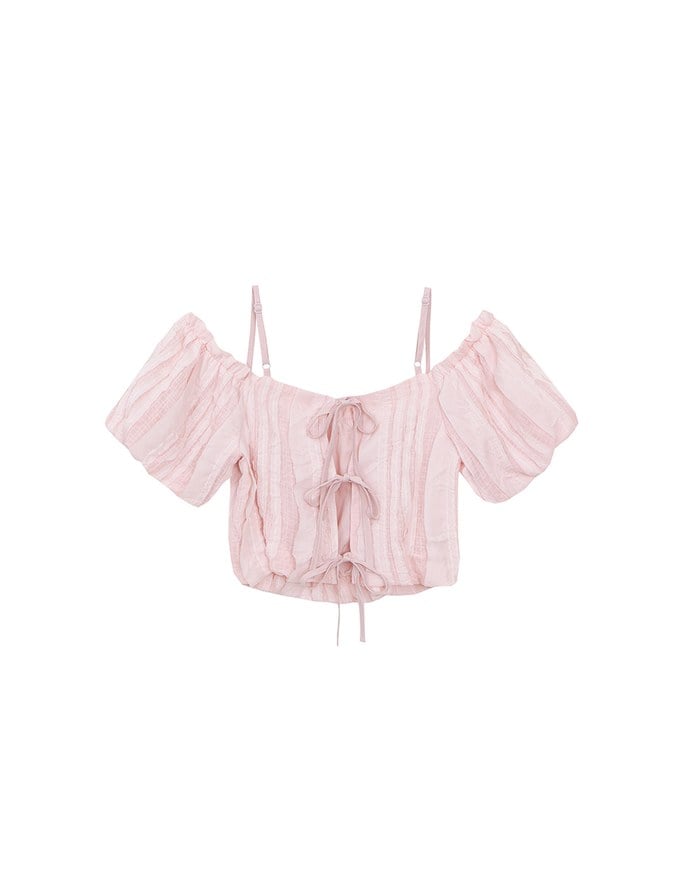 Crinkled Texture Off Shoulder Puff Sleeve Top with Back Ribbon Detail