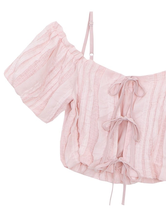 Crinkled Texture Off Shoulder Puff Sleeve Top with Back Ribbon Detail