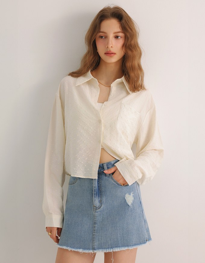 Heart Patterned Dot Button Up Blouse with Relaxed Collar Design
