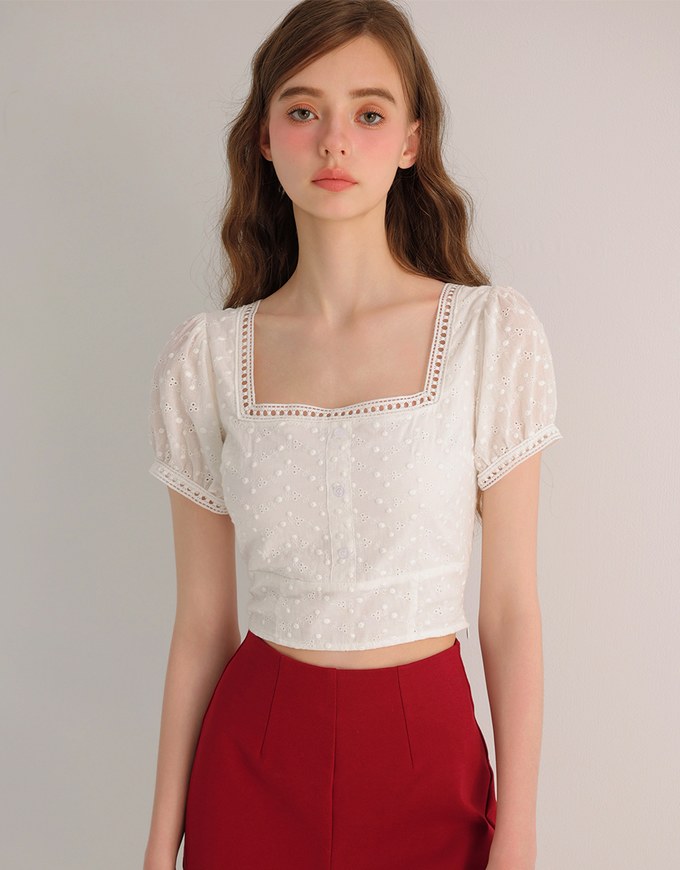 Square Neck Embroidered Eyelet Cropped Top with Puffy Sleeves