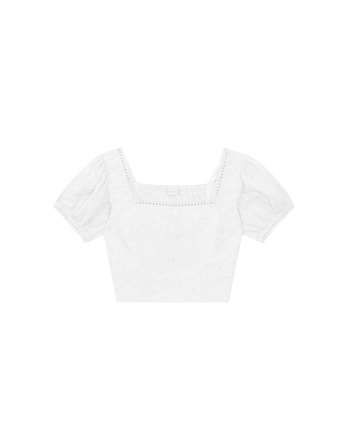 Square Neck Embroidered Eyelet Cropped Top with Puffy Sleeves