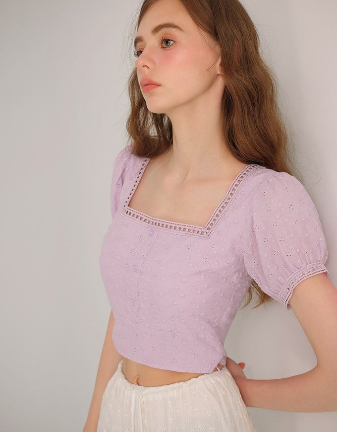 Square Neck Embroidered Eyelet Cropped Top with Puffy Sleeves