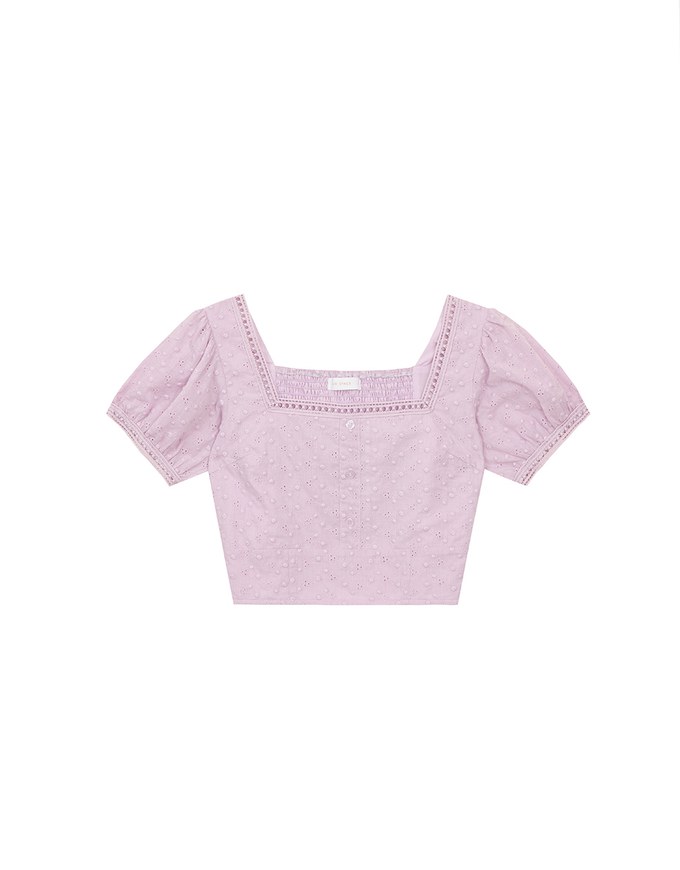 Square Neck Embroidered Eyelet Cropped Top with Puffy Sleeves