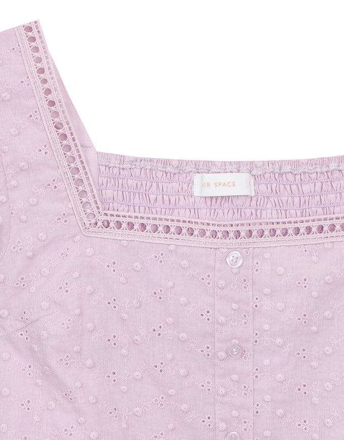 Square Neck Embroidered Eyelet Cropped Top with Puffy Sleeves