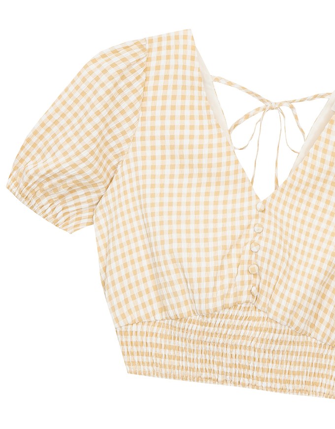V Neck Gingham Crop Blouse with Puff Sleeves and Smocked Waistband
