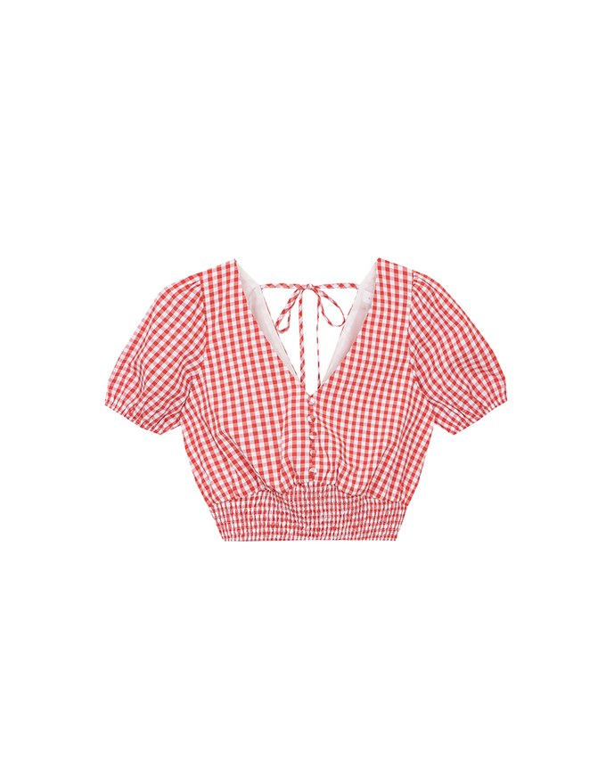V Neck Gingham Crop Blouse with Puff Sleeves and Smocked Waistband