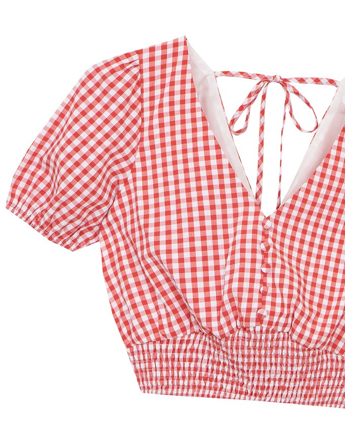 V Neck Gingham Crop Blouse with Puff Sleeves and Smocked Waistband