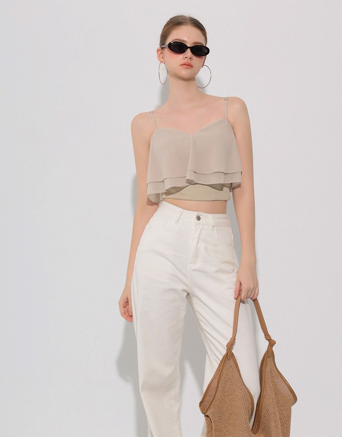 Double Ruffled Layered Chiffon Padded Camisole Top with Adjustable Straps