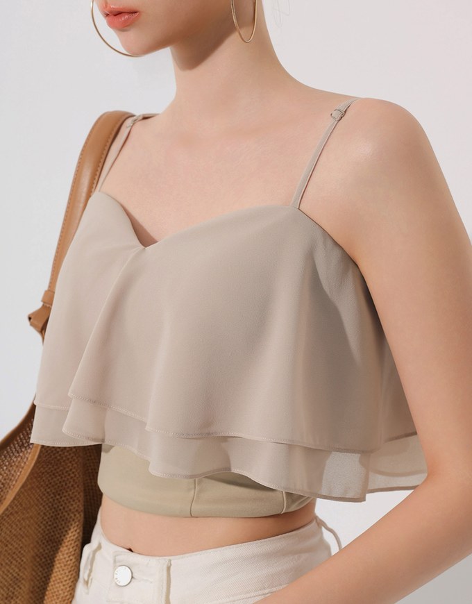 Double Ruffled Layered Chiffon Padded Camisole Top with Adjustable Straps