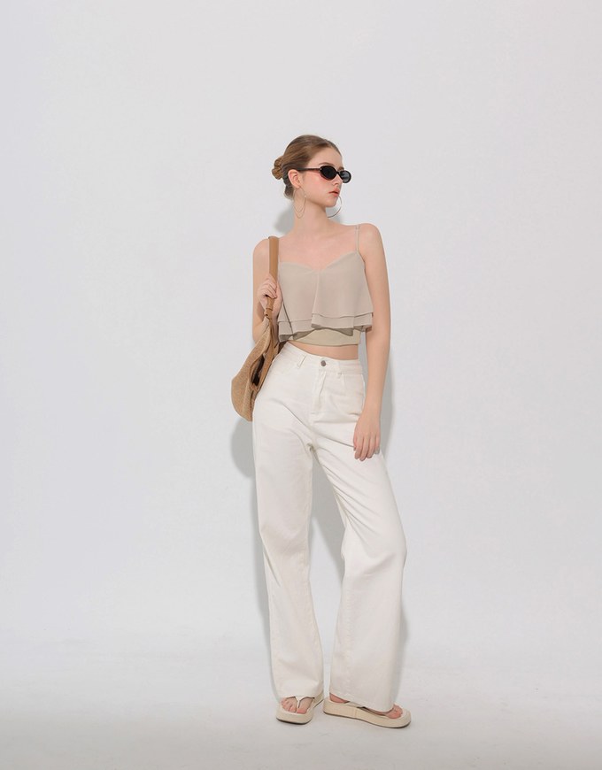 Double Ruffled Layered Chiffon Padded Camisole Top with Adjustable Straps