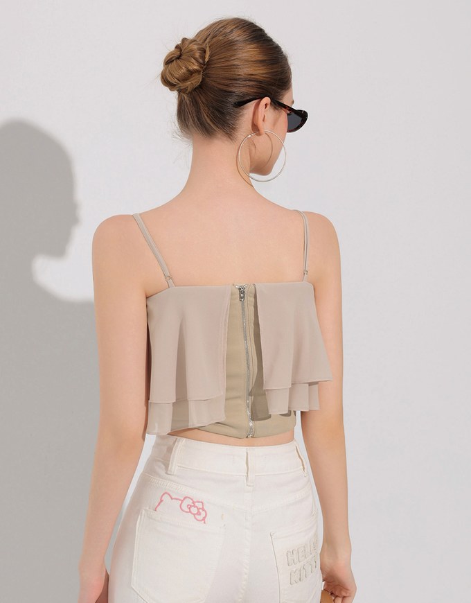 Double Ruffled Layered Chiffon Padded Camisole Top with Adjustable Straps