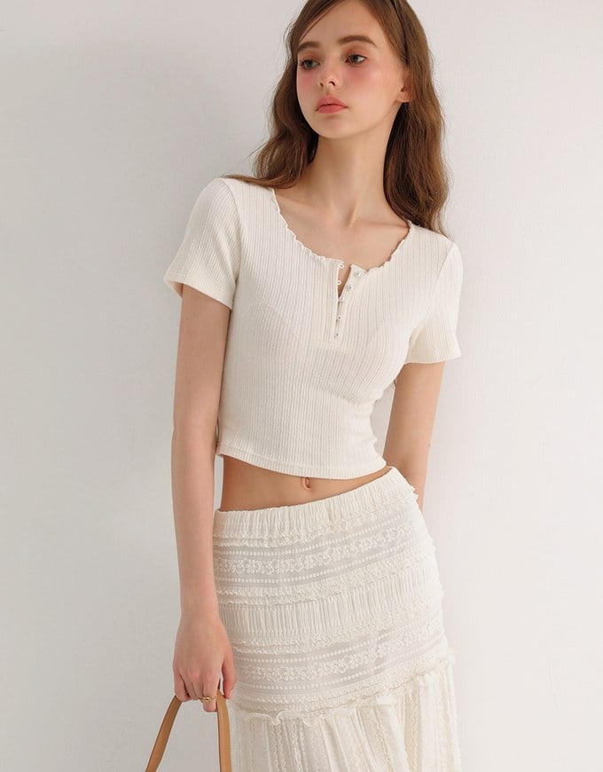 Lettuce Hem Textured Knit Cropped Top with Pearl Button Detail
