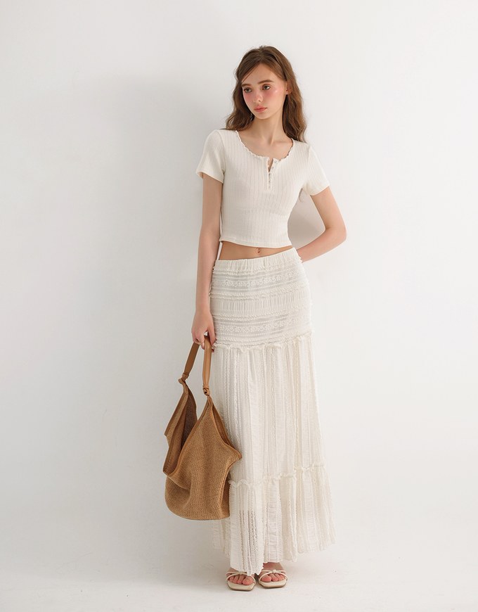 Lettuce Hem Textured Knit Cropped Top with Pearl Button Detail