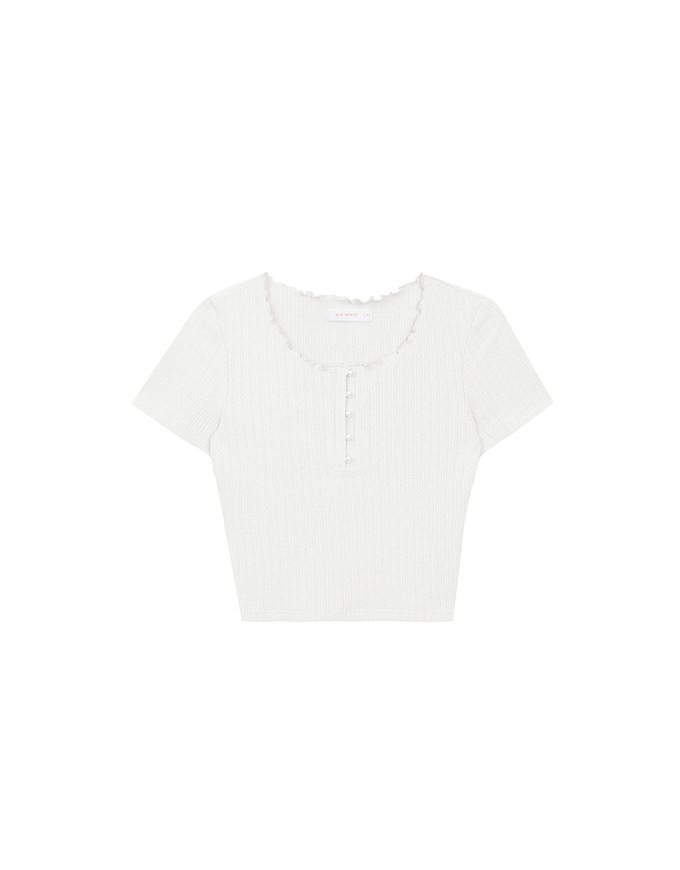 Lettuce Hem Textured Knit Cropped Top with Pearl Button Detail