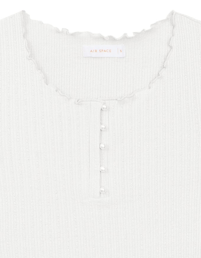 Lettuce Hem Textured Knit Cropped Top with Pearl Button Detail