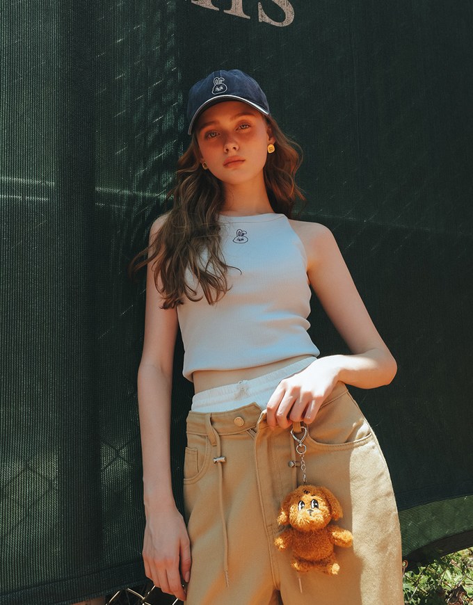 【Lyra & Toby】Embroidery Graphic Ribbed Halter Padded Tank Top