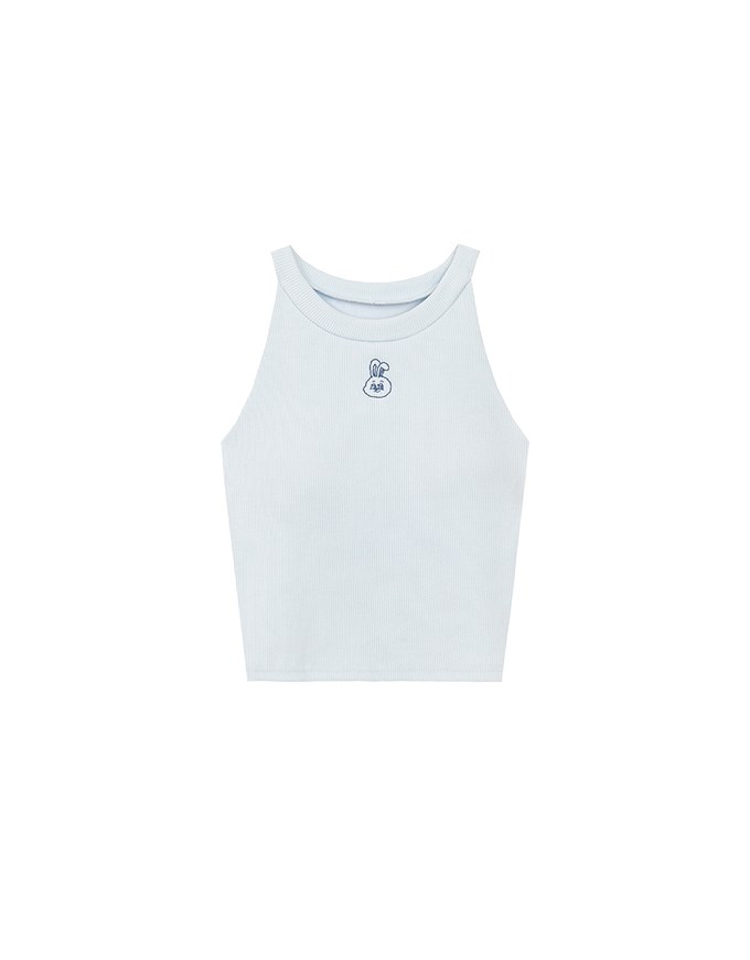 【Lyra & Toby】Embroidery Graphic Ribbed Halter Padded Tank Top