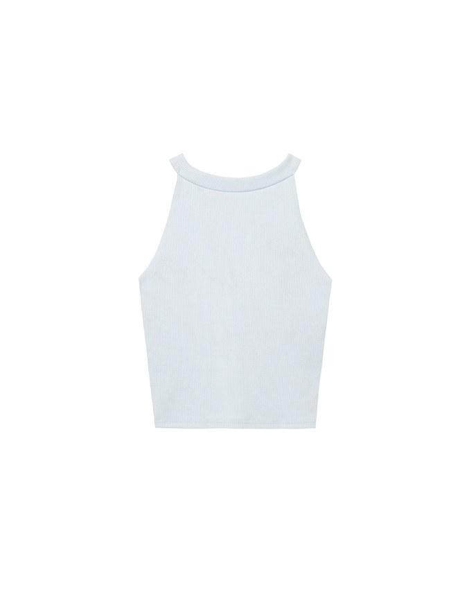 【Lyra & Toby】Embroidery Graphic Ribbed Halter Padded Tank Top