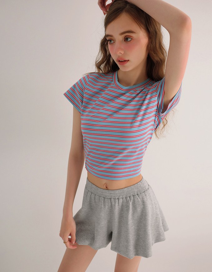 Retro Fit Striped Crew Neck Stretchy Cropped Tee