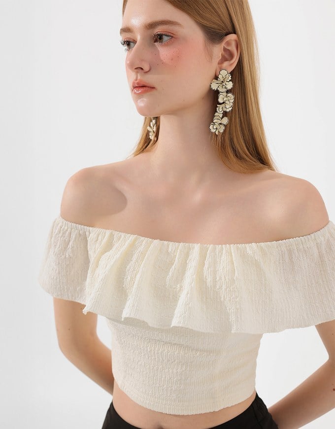 Textured Ruffle Trim Off Shoulder Padded Cropped Top