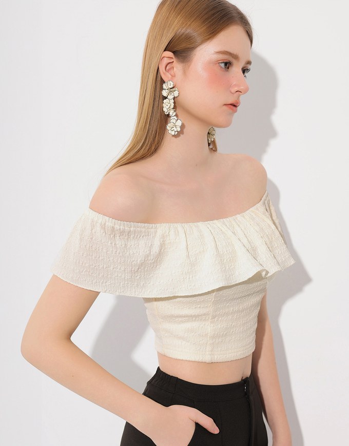 Textured Ruffle Trim Off Shoulder Padded Cropped Top