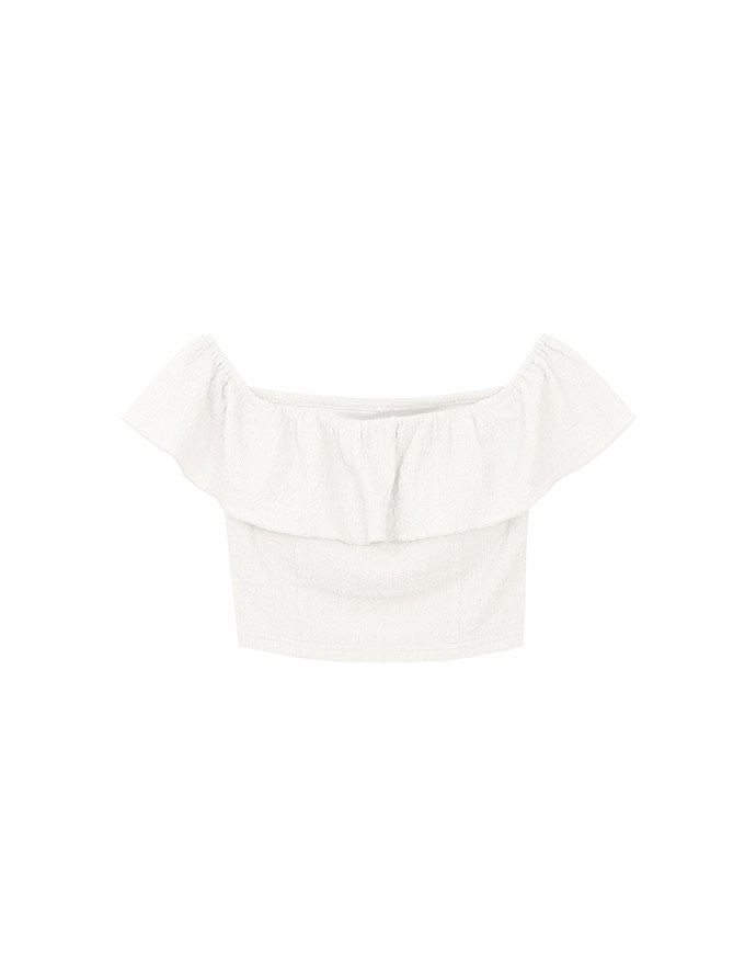 Textured Ruffle Trim Off Shoulder Padded Cropped Top