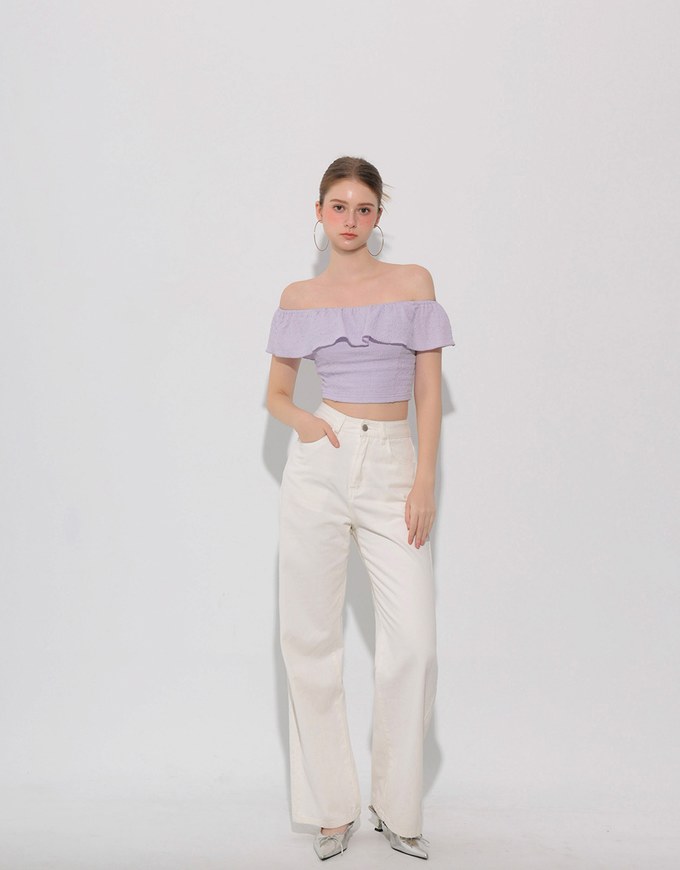 Textured Ruffle Trim Off Shoulder Padded Cropped Top