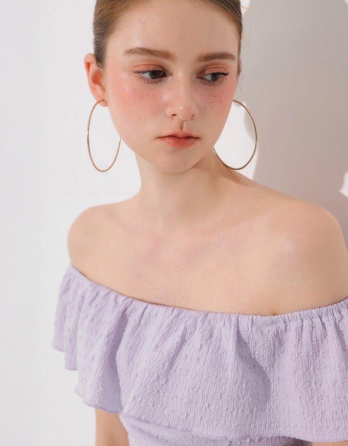 Textured Ruffle Trim Off Shoulder Padded Cropped Top