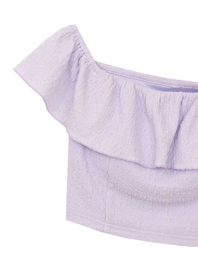 Textured Ruffle Trim Off Shoulder Padded Cropped Top