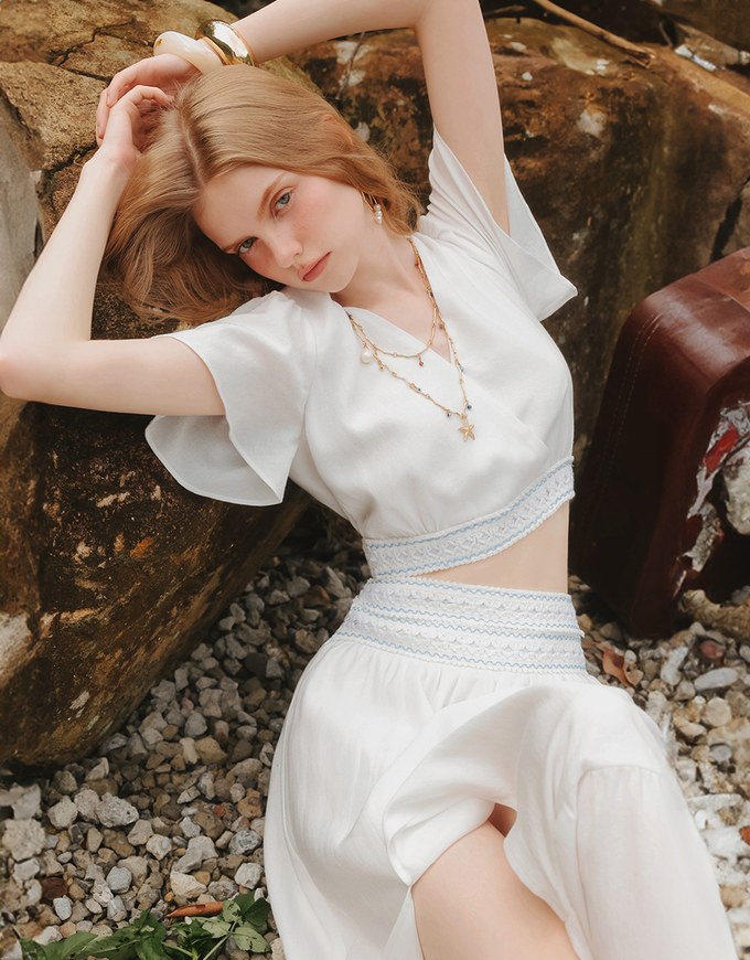 V Neck Cropped Flutter Sleeve Top with Embroidered Waist Detail