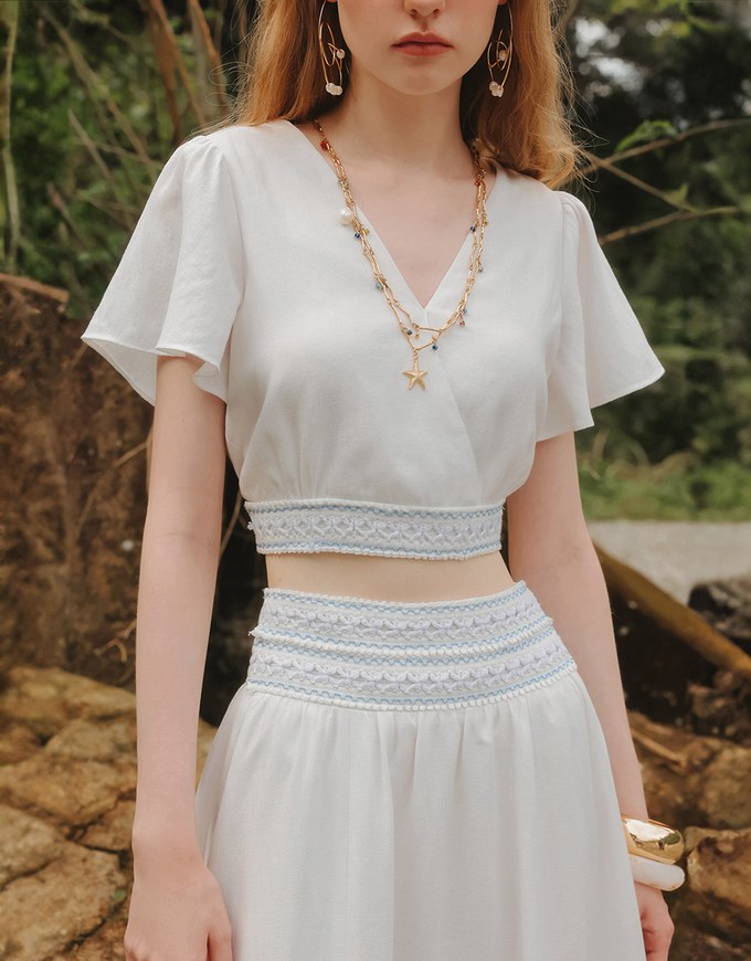 V Neck Cropped Flutter Sleeve Top with Embroidered Waist Detail