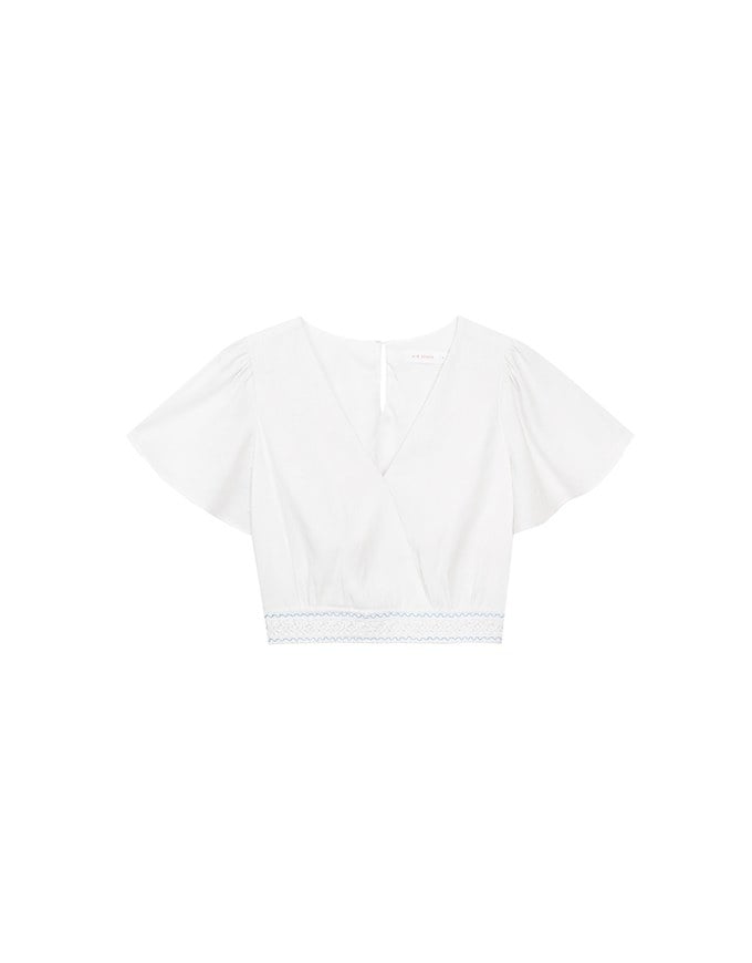 V Neck Cropped Flutter Sleeve Top with Embroidered Waist Detail