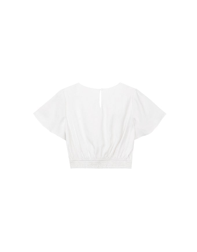 V Neck Cropped Flutter Sleeve Top with Embroidered Waist Detail