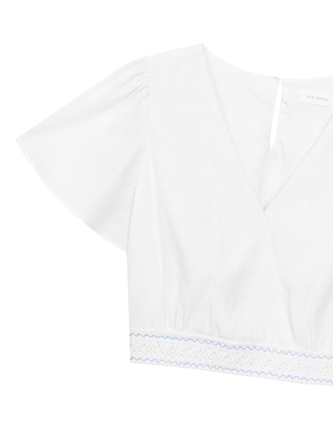 V Neck Cropped Flutter Sleeve Top with Embroidered Waist Detail