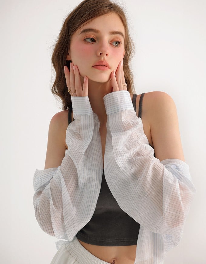 Oversized Sheer Vertical Stripe Button Down Cropped Shirt