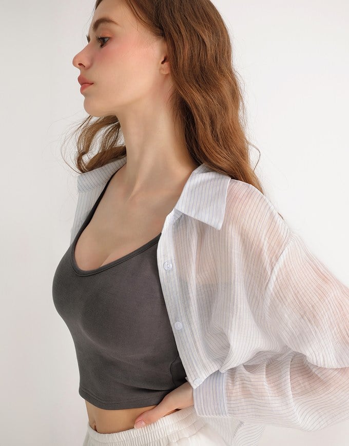 Oversized Sheer Vertical Stripe Button Down Cropped Shirt