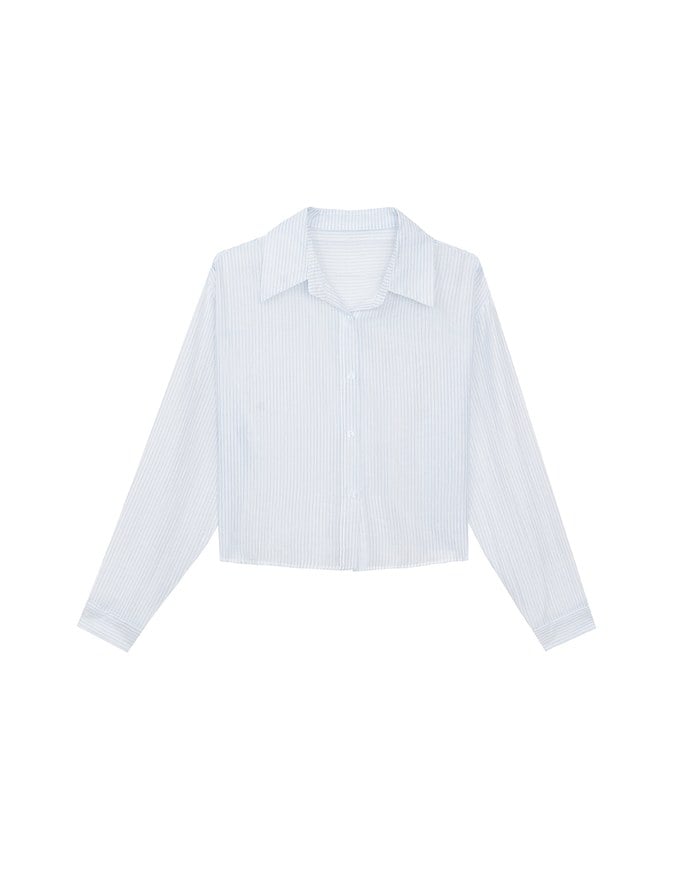 Oversized Sheer Vertical Stripe Button Down Cropped Shirt