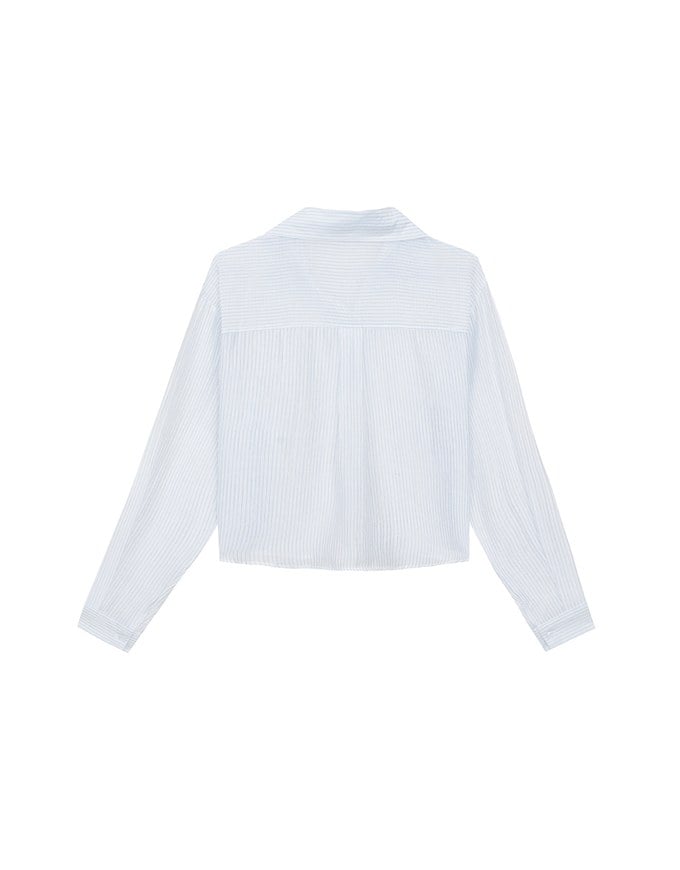 Oversized Sheer Vertical Stripe Button Down Cropped Shirt