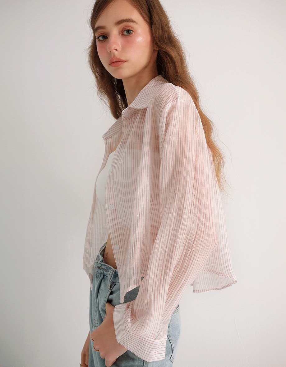Oversized Sheer Vertical Stripe Button Down Cropped Shirt