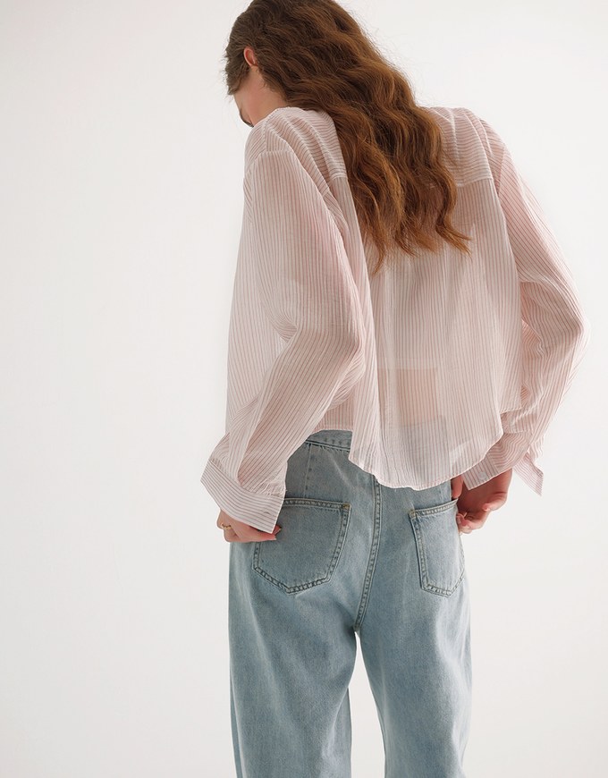 Oversized Sheer Vertical Stripe Button Down Cropped Shirt