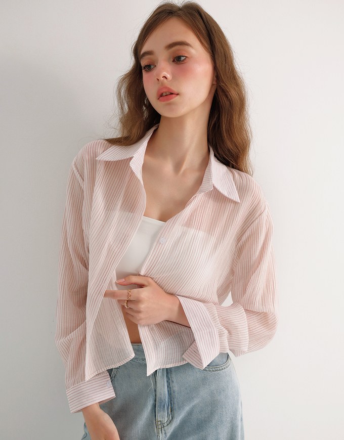 Oversized Sheer Vertical Stripe Button Down Cropped Shirt